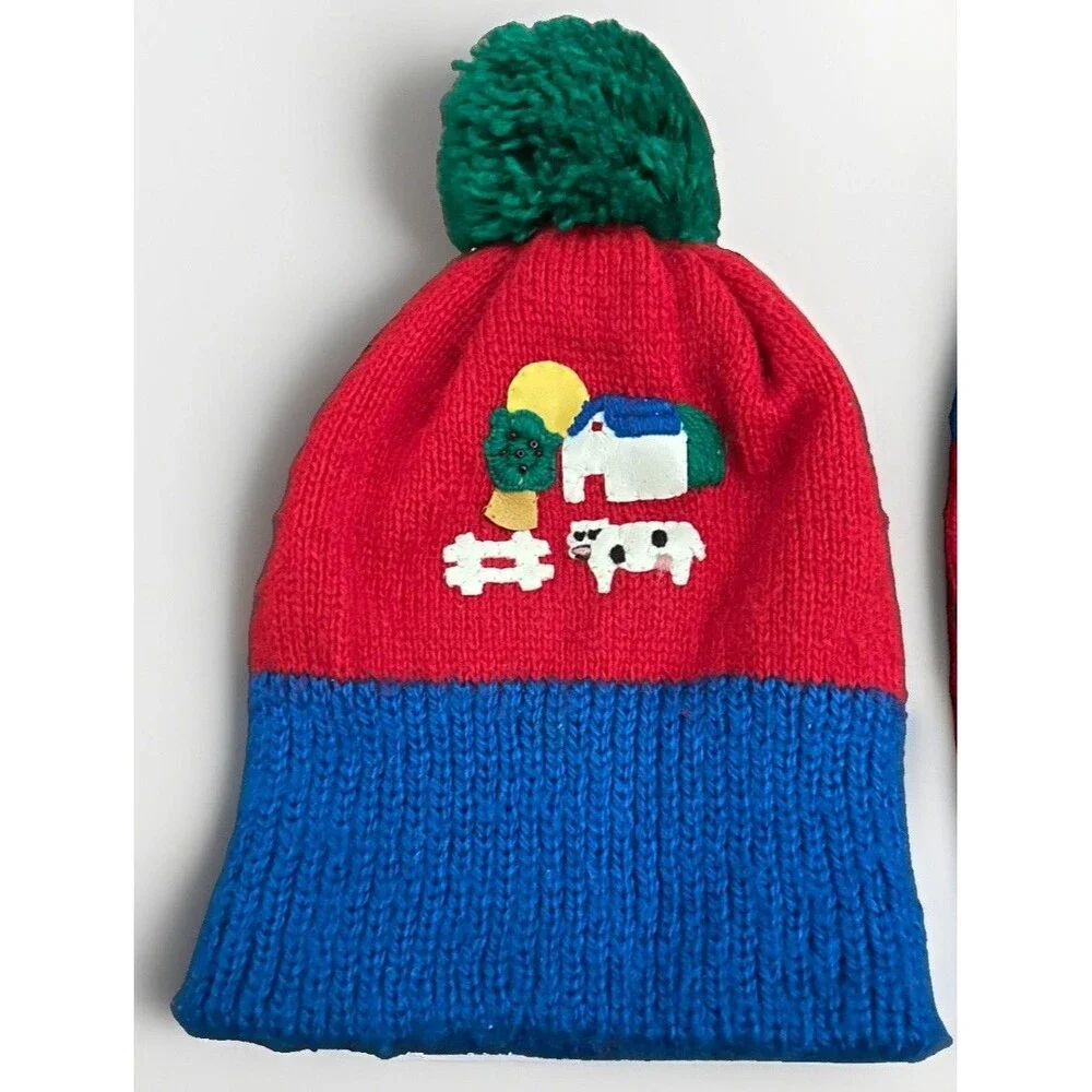 VTG 1986 Cynthia McKinnet Designs Winter Hat Mittens Set Red Blue House Novelty